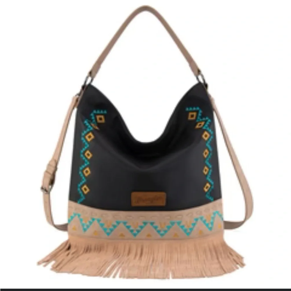 Wrangler Boho Fringe Hobo Crossbody Fringe Bag Black and Tan Shoulder Bag Nwt